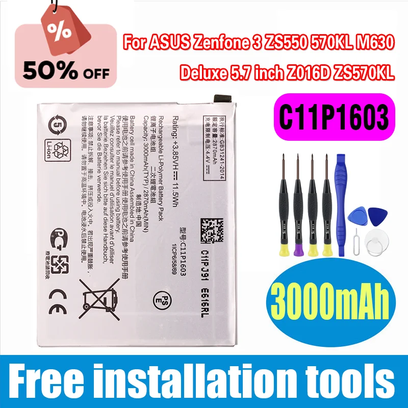 

Brand New Battery C11P1603 for ASUS Zenfone 3 ZS550 570KL M630 Deluxe 5.7 Inch Z016D ZS570KL Phone Battery+Tools