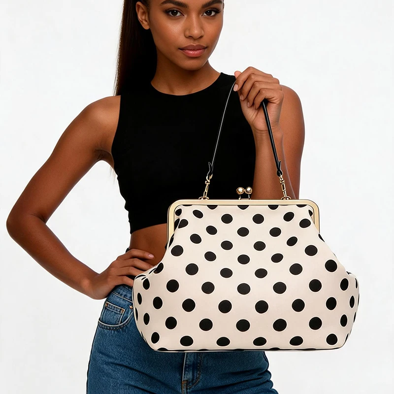Black White Polka Dot Lock Frame Clasp Women Handbag, Large Capacity Crossbody Shoulder Handbag,Vintage Commute PU Tote Bag