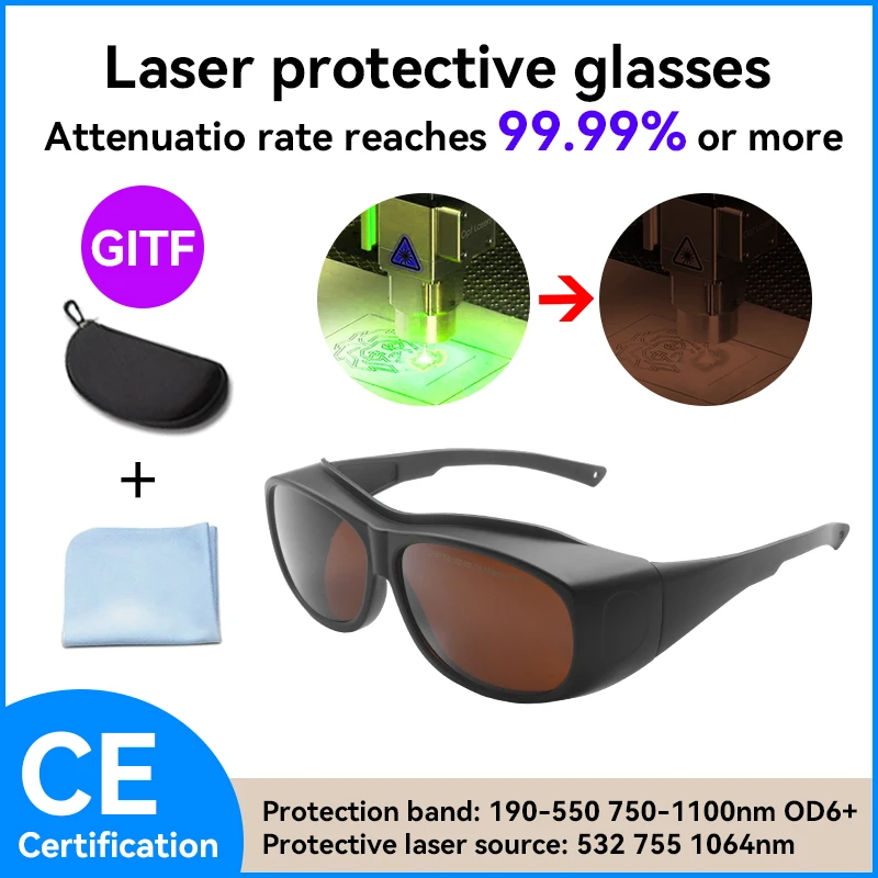 Laser Protection 190-550nm 800-1100nm OD6 Laser Protective Glasses Certified 532nm 1064nm Laser Safety Glasses