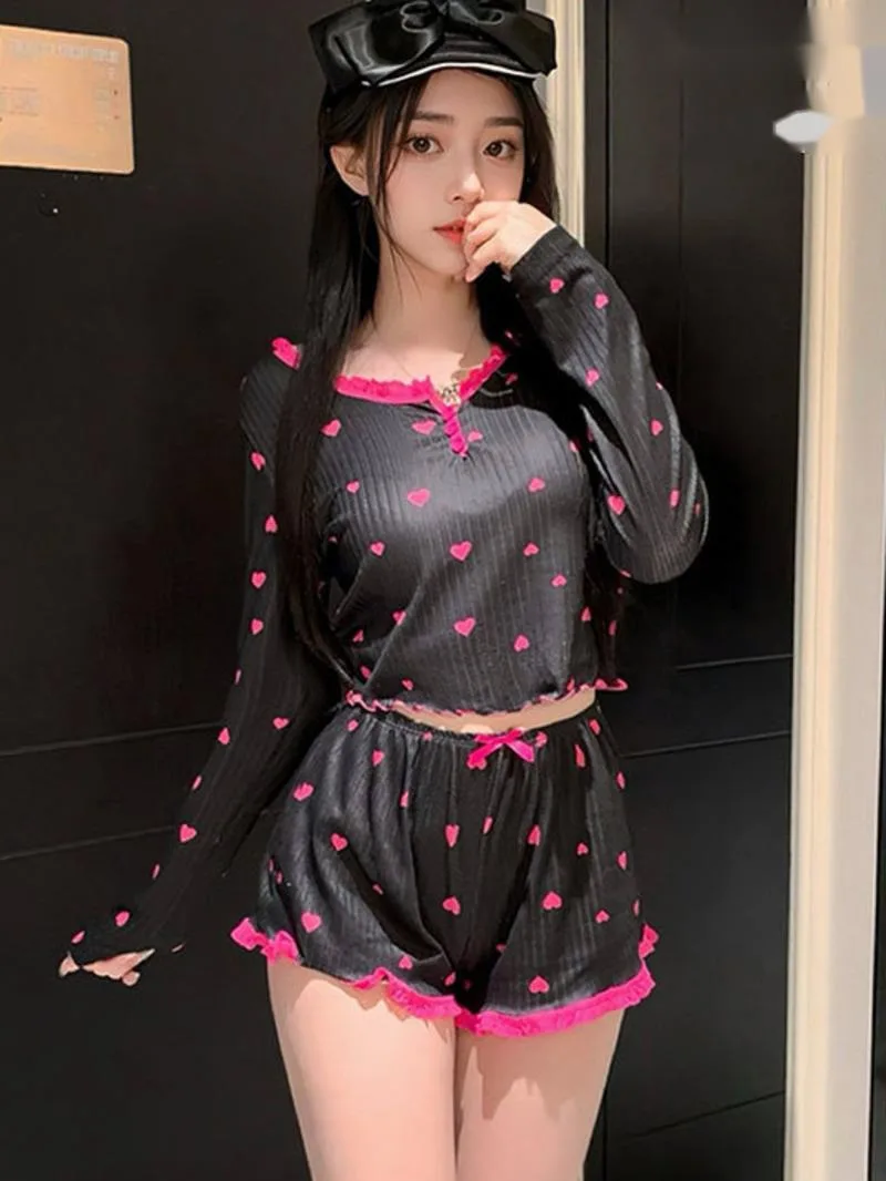 

Модный комплект с шортами, новый комплект с принтом сердца и бантом, домашняя одежда с длинными рукавами, повседневный комплект, пижамный комплект, милая корейская одежда для девочек M0E0