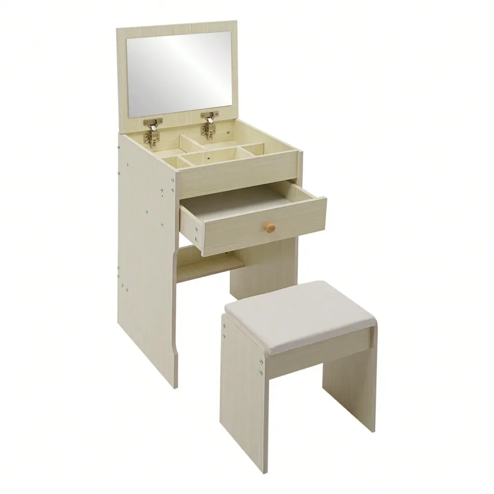 

Table With Mirror, Compact Makeup Vanity With Storage Compartments And Stool, Dressing Table For Bedroom