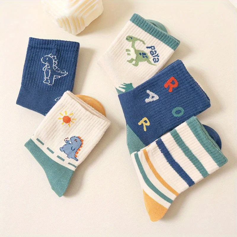 5 Pairs Cute Dinosaur Pattern Kids Socks  Soft Cotton Mid‑Calf Socks Breathable Casual Socks For Little Boys