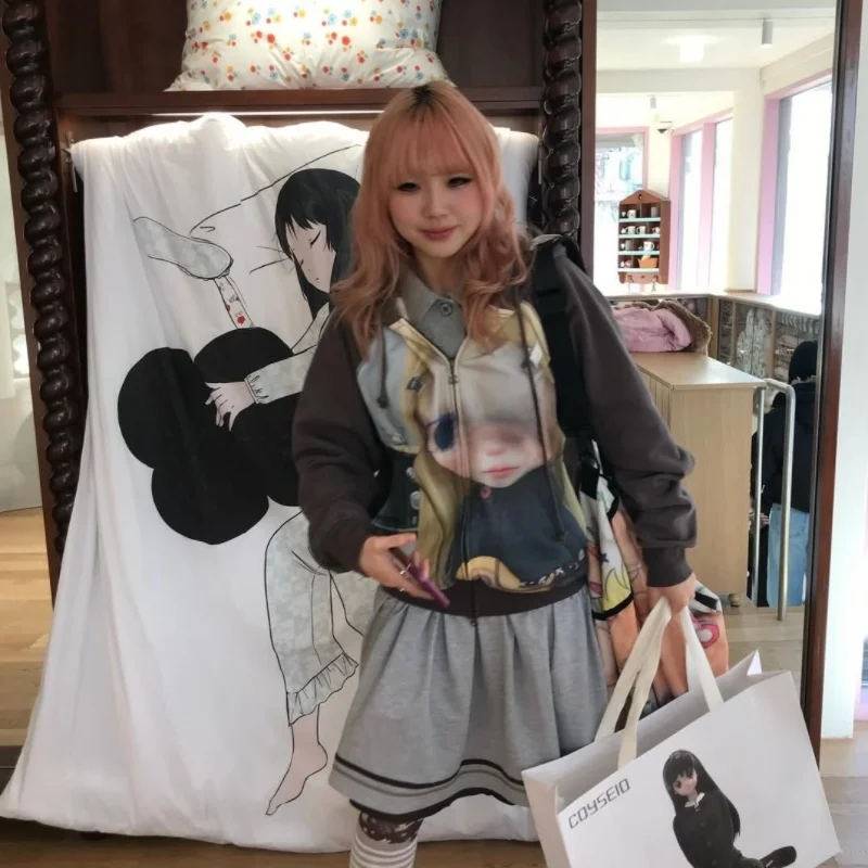 

Digital Print Doll Hooded Open Cardigan Sweatirt Women's Design Spring Autumn Jaet Casual Streetwear Cotton Blend
