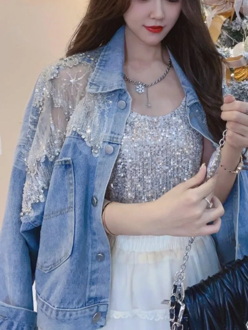 

Women Nail Bead Stitching Lace Embroidery Loose Diamond Studded Short Denim Jacket Ladies Sweet Korea Summer Spring 2022