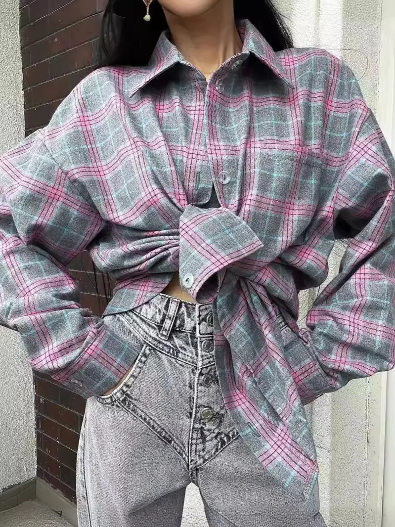 Womens Button Down Flannel Shirts Long Sleeve Plaid Shackets Business Casual Blouse Top