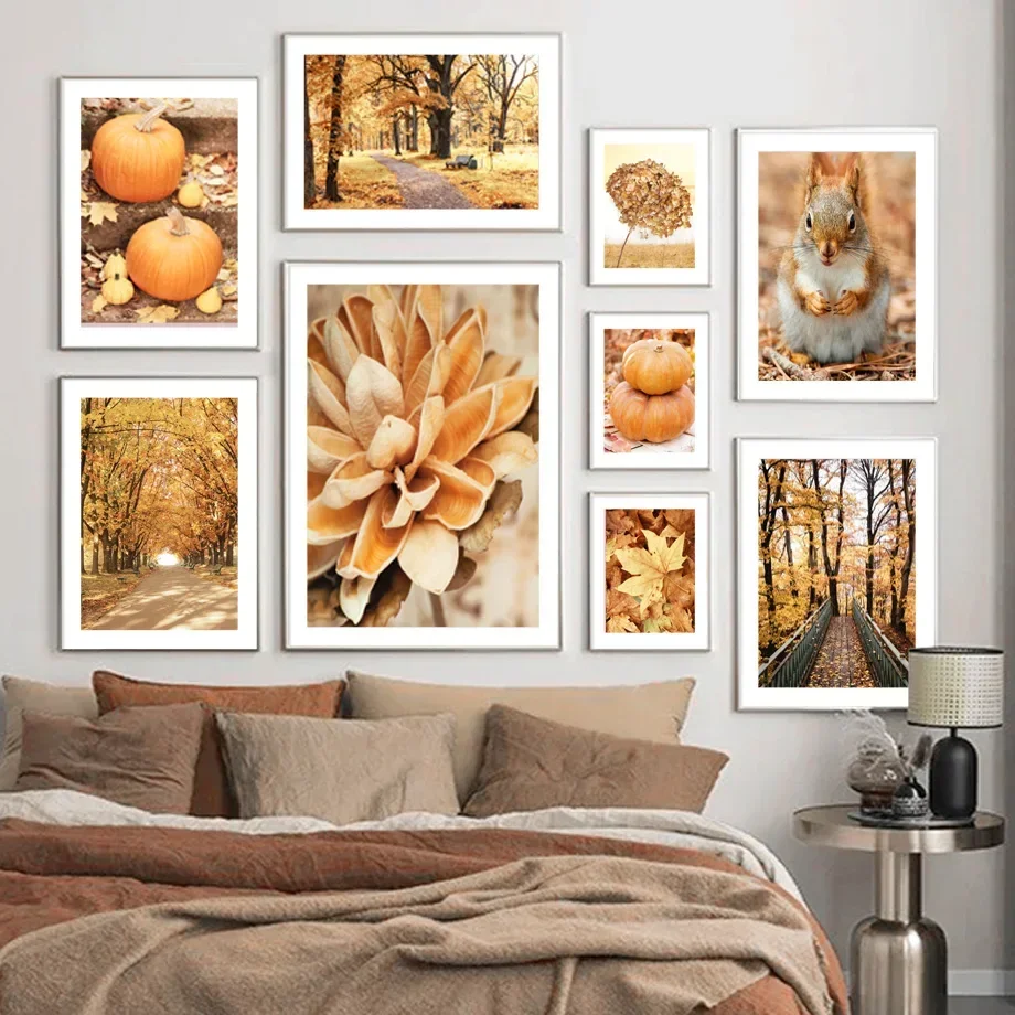 Customizable Autumn Fall Leaves Maple Leaf Pumpkin Book Minimalist Aesthetics Print Canvas Painting for Living Room Home Decor