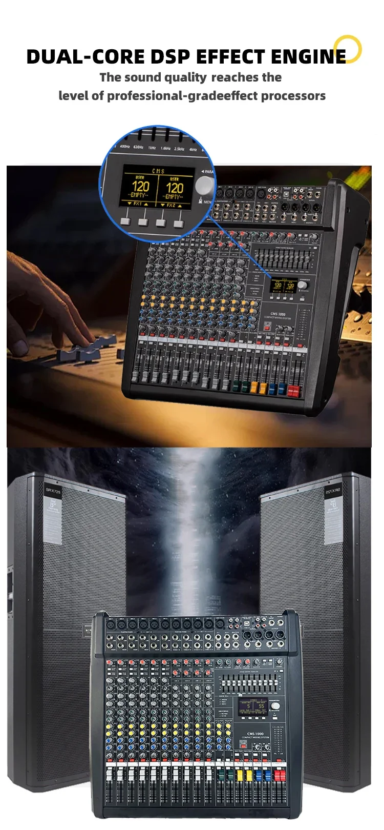 Paulkitson CMS1000-3 Audio-Mischpult mit Abdeckung, 99 Effekten, 48V Phantomspeisung für Bühne, Karaoke, Band, DJ, Studio und Events – Detail 3