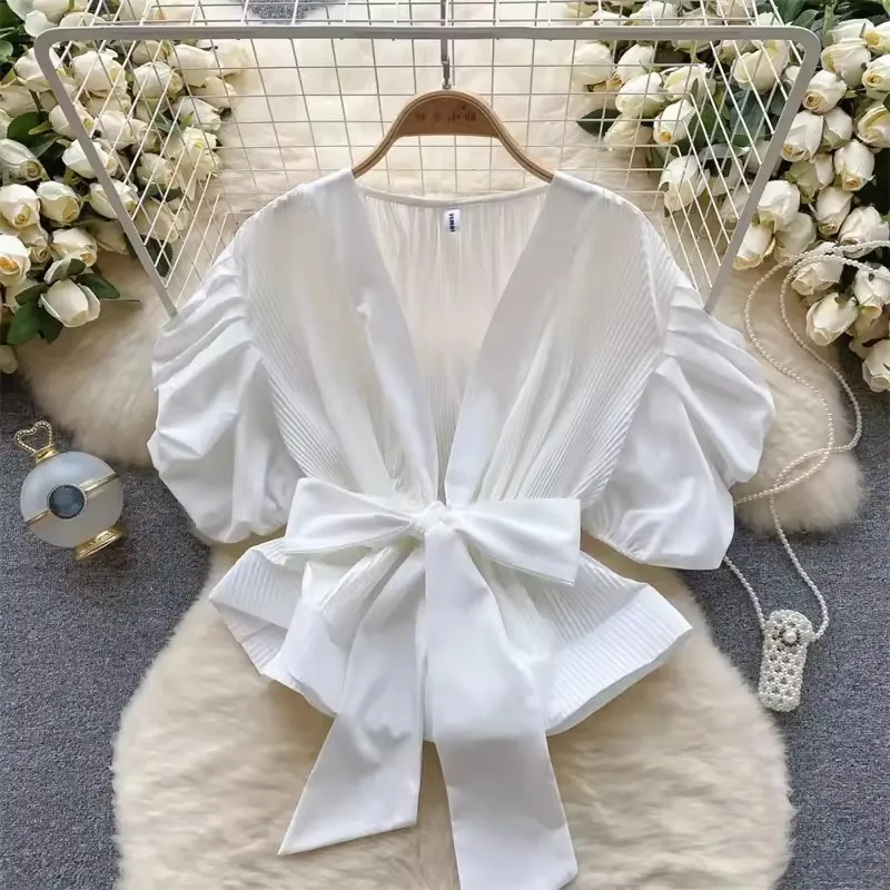 Fashion Solid Women V Neck Shirt  2025 New Summer Bubble Sleeve Blouse Elegant Versatile Waistband Bow Tops Female Clothing