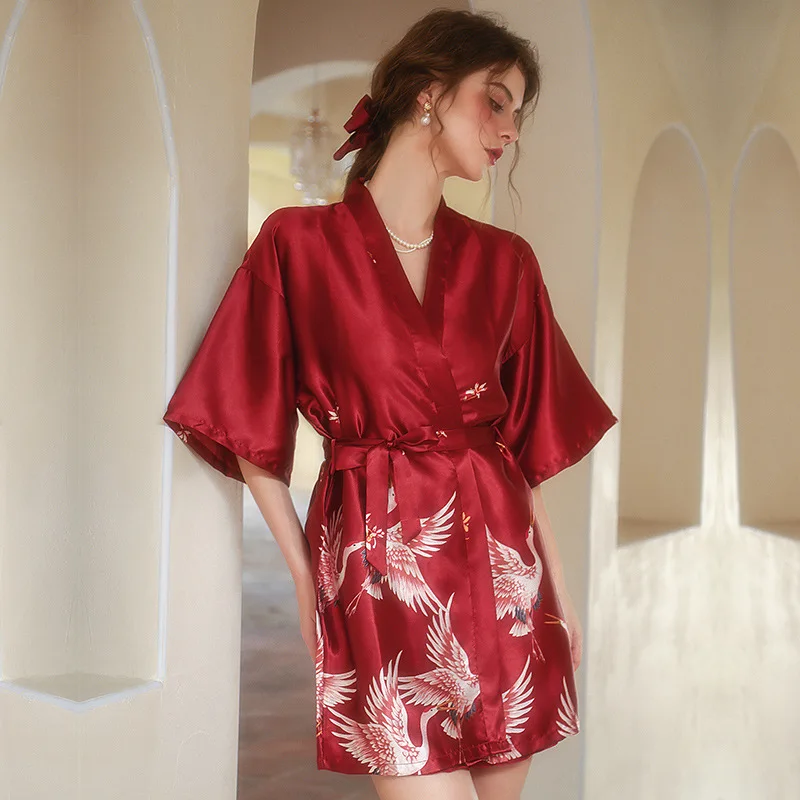 Burgundy Bride Wedding Party Dress Robe Set Sexy Satin Crane Print Kimono Bathrobe Longewear Women Loose Sleepwear Nightgown