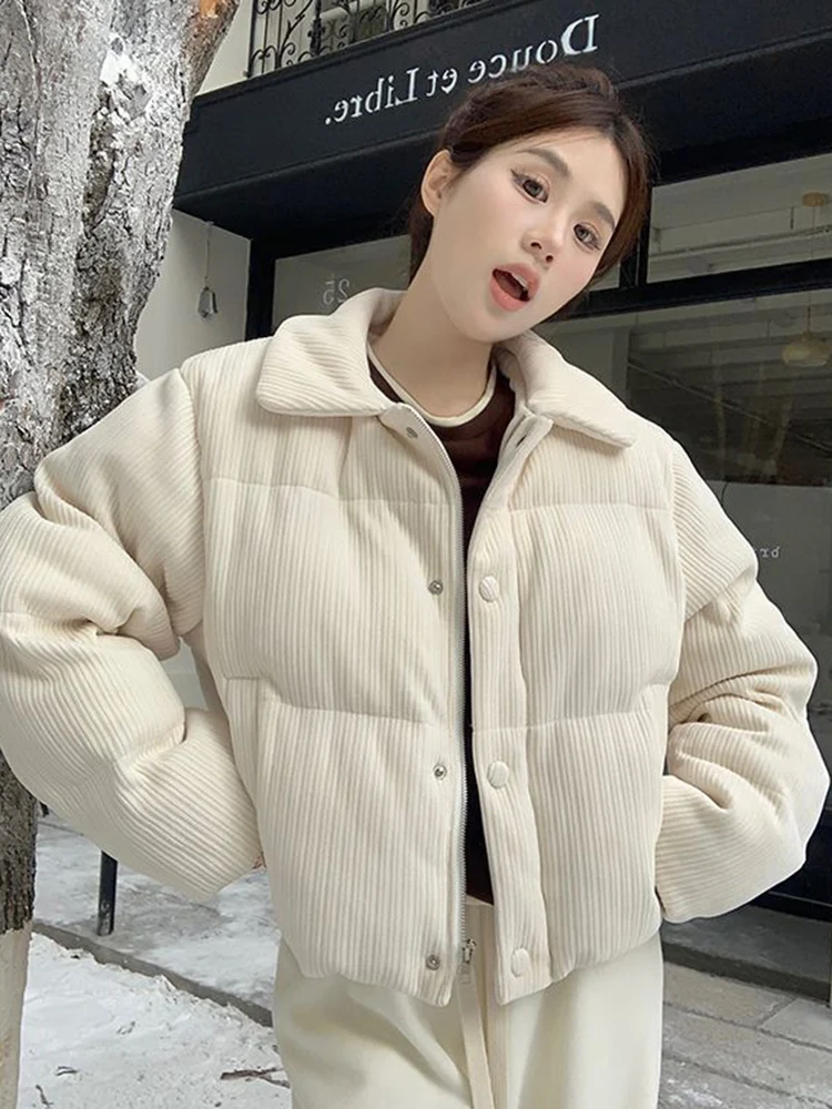 الحلو الرجعية سروال قصير سترات المرأة فضفاضة الكورية طويلة الأكمام القطن معطف شتاء دافئ الإناث جيوب سميكة بسيطة جديدة #3