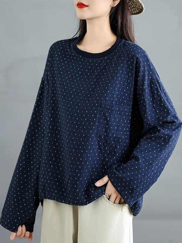 Retro Color Woven Dot round Ne Sweatirt T-irt Women's Spring Autumn plus Size Cotton Double Layered irt
