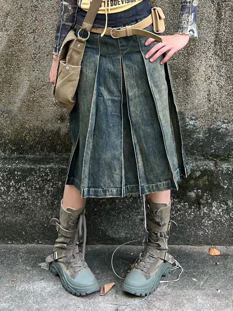 Harajuku Denim Midi saia feminina, saias midi plissadas A-Line, Academia Y2K Preppy escura, grunge japonês, Gyaru, novo, moda, anos 2000