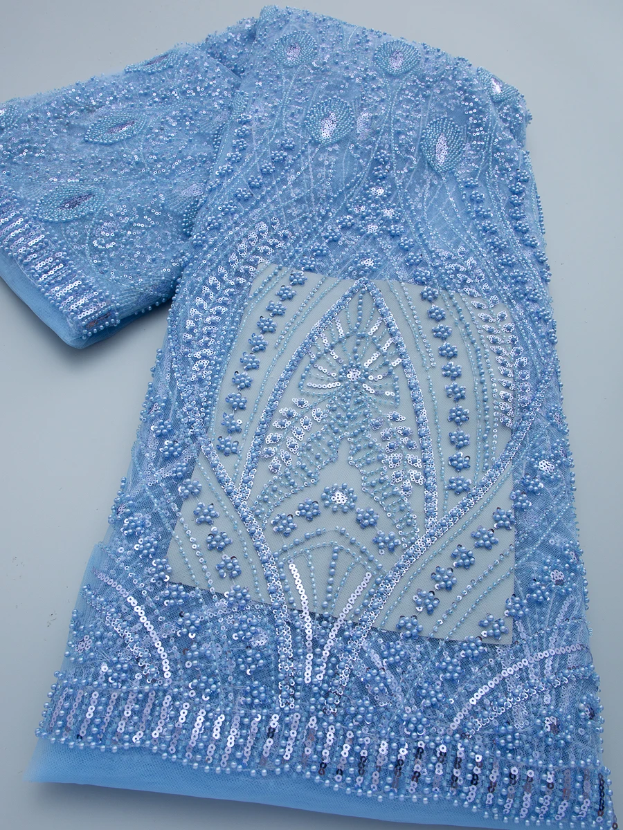 African Handmade Beaded Lace Fabric High Quality 2026 France Sequins Nigerian Embroidery For Sewing Wedding Party Dress 5Yadrs