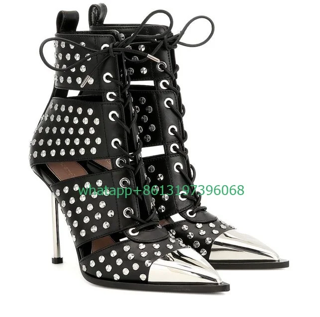 

Lady studded PU cut out ankle boots pointed toe sliver color lace-up punk style design boots hollow sexy daily dress ankle boots