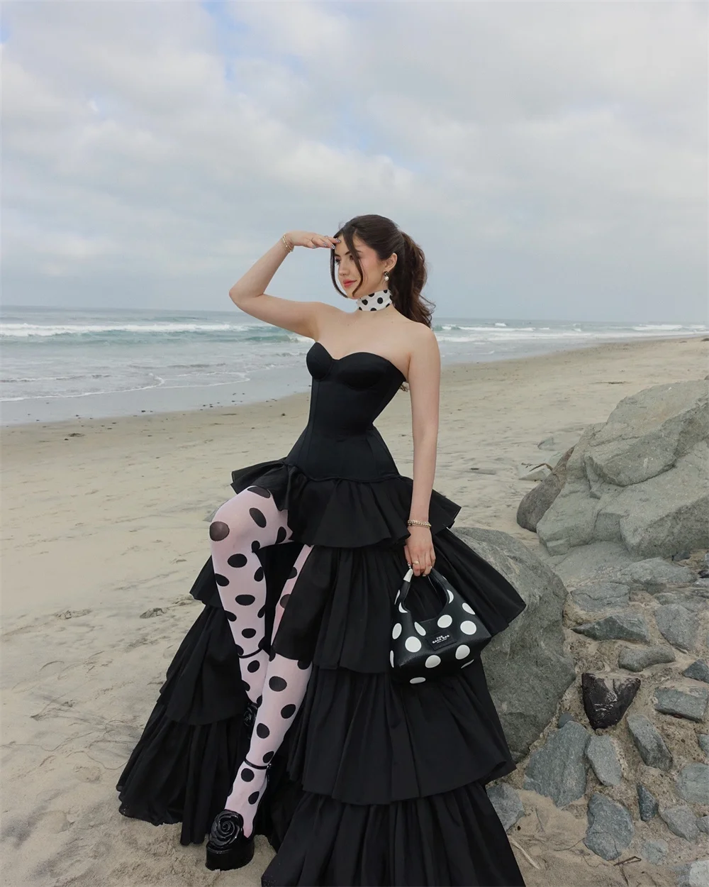 Amanda Customized Black Strapless Tiered Ruffle Prom Dress Corset Sleeveless vestidos de noche Elegant Ball Gown Formal Evening