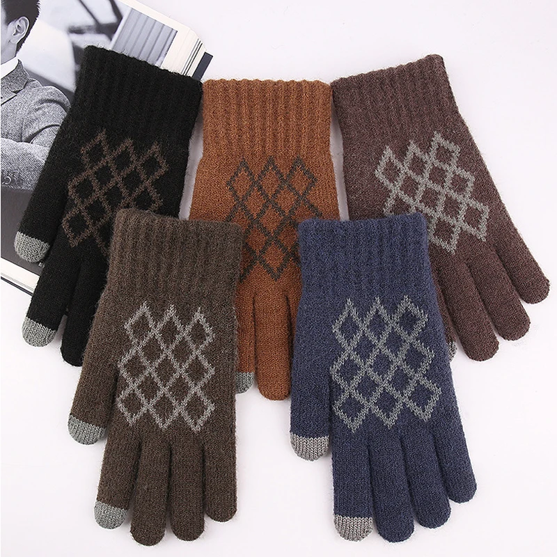 2022 New Men's Warm Touch Screen Gloves Winter Jacquard Plush Thickened Split Finger All Finger Wool Knitted Fluffy Gloves 1pair