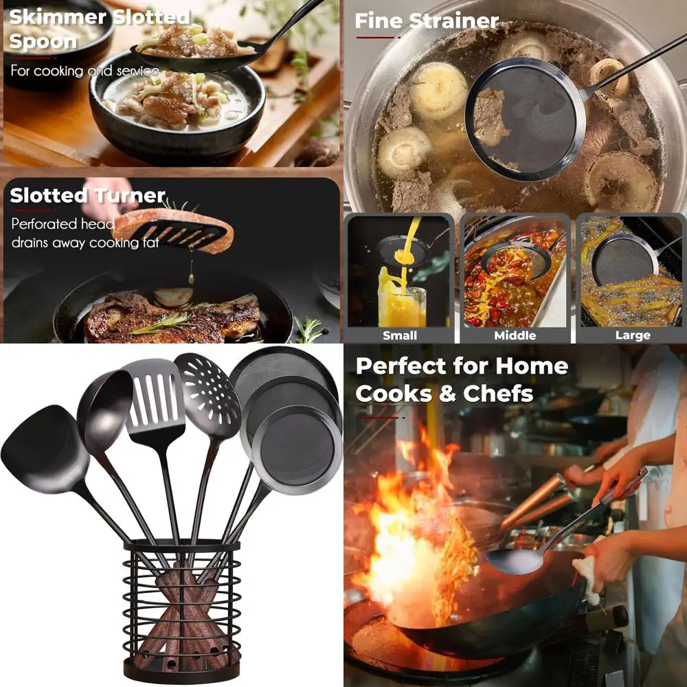 

8-Piece 18/10 Stainless Steel Kitchen Utensil Set with Holder: Spatula, Ladle, Skimmer, Turner, Strainer