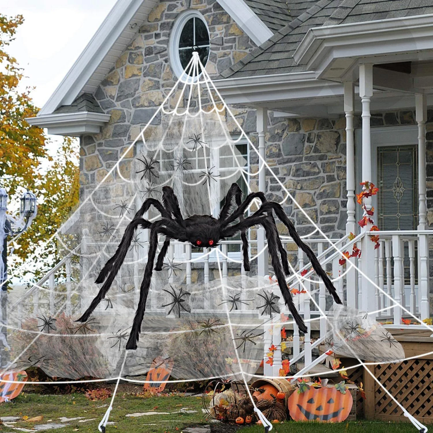 

200" Halloween Spider Web + 59" Giant Fake Spider with Triangular Huge Spider Web for Indoor Outdoor Halloween Decorations