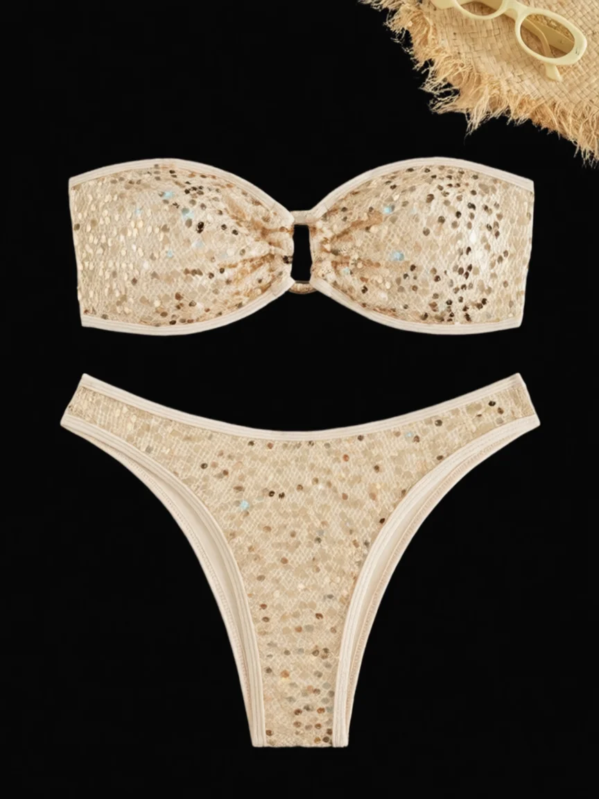 Sexy Sequined Bandeau Bikini Push Up Swimwear Bling-bling Brazilian Bikinis Women Glittering Ring Linked Swimsuit Bathing Suit