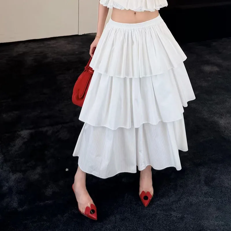 Women's Casual Versatile Ruffle Cascading Midi Skirt, White Cake Skirt, High Quality Cotton Commuter Skirt, 2026, New, y2k;
