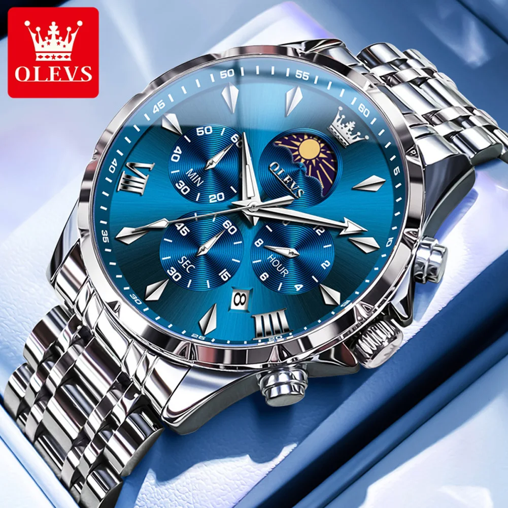 OLEVS 3653 Herrenuhr Quarzuhr Multifunktionale Chronographenuhr Für Männer 30 Mt Wasserdicht Leuchtende Mondphase Box Original 3