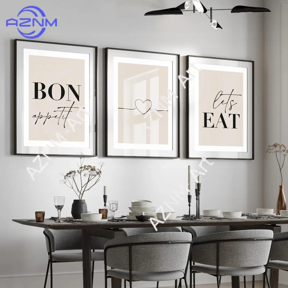 1/3 unidades, bom apetite, vamos comer estampas de sala de jantar, conjunto de 3 estampas. Arte de parede de cozinha, decoração bege, impressões neutras para casa,