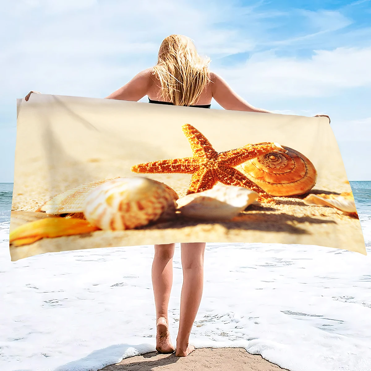 Beach Seashell Starfish Beach Towels Sea Ocean Wave Summer Bathroom Towel Ultra Soft Sand Free Absorbent Multipurpose Towels