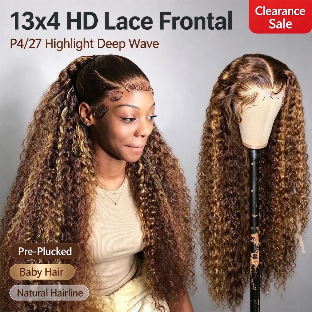 P4/27 Highlight Deep Wave Curly Human Hair Wig For Woman On Clearance Sale 13x4 HD Lace Frontal Wigs Pre Plucked Natural Hairline