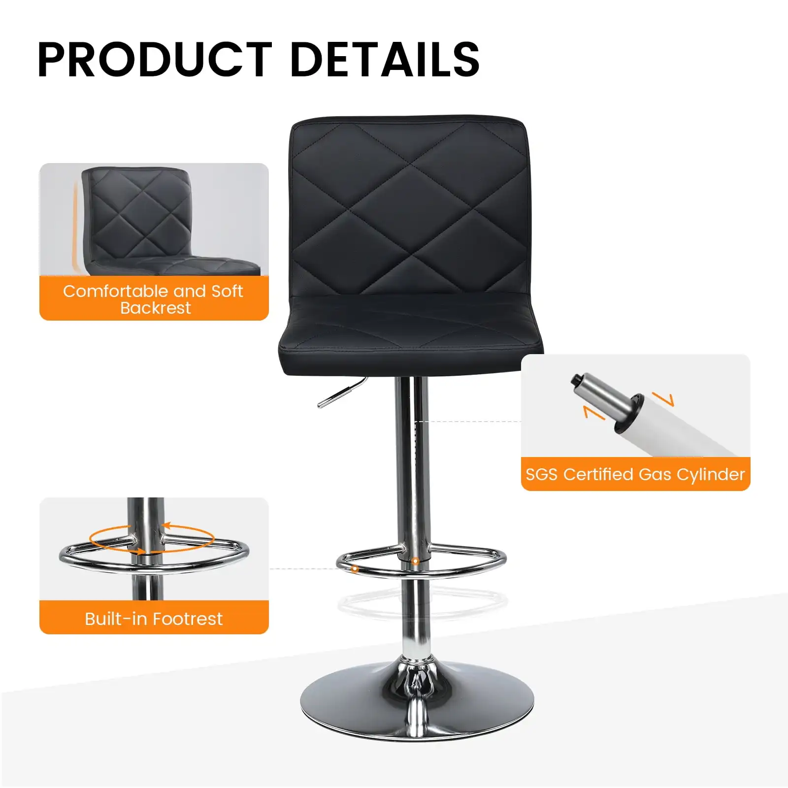 Bar Stools, Modern PU Leather Swivel Adjustable Hydraulic Bar Stool With 16.1” Wide Base Square Counter Bar Stool Set of 2,Black