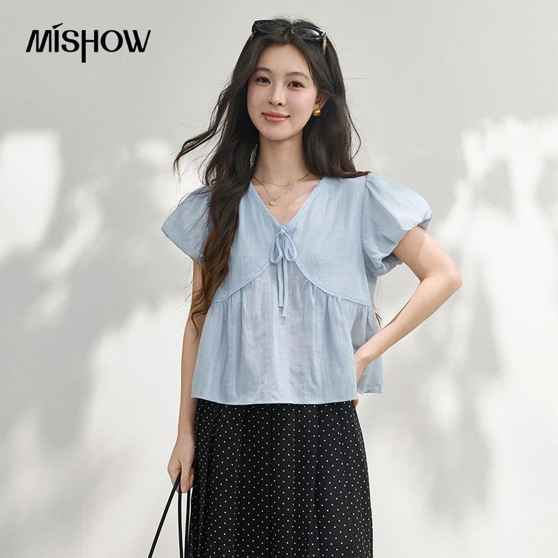 

MISHOW Blue V-Neck Loose Blouse 2026 Summer Pure Cotton Bubble Sleeves Solid Color Casual Minimalist Top For Women MXF26X2669