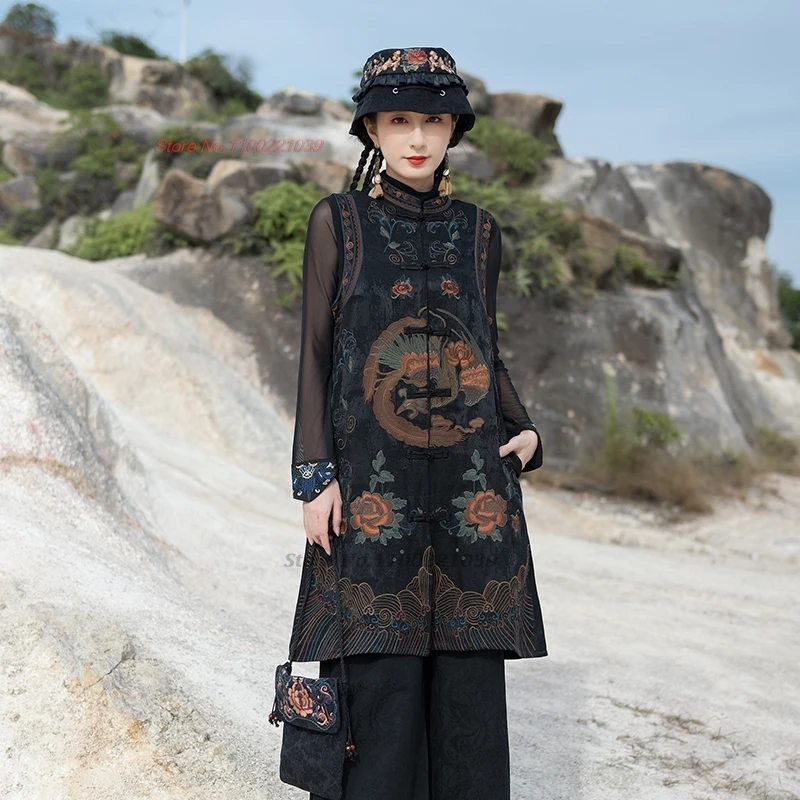 2025 الصينية خمر سترة التقليدية الوقوف طوق سترة الوطنية زهرة التطريز الجاكار سترة جاكيت بلا إكمام hanfu القمم #2