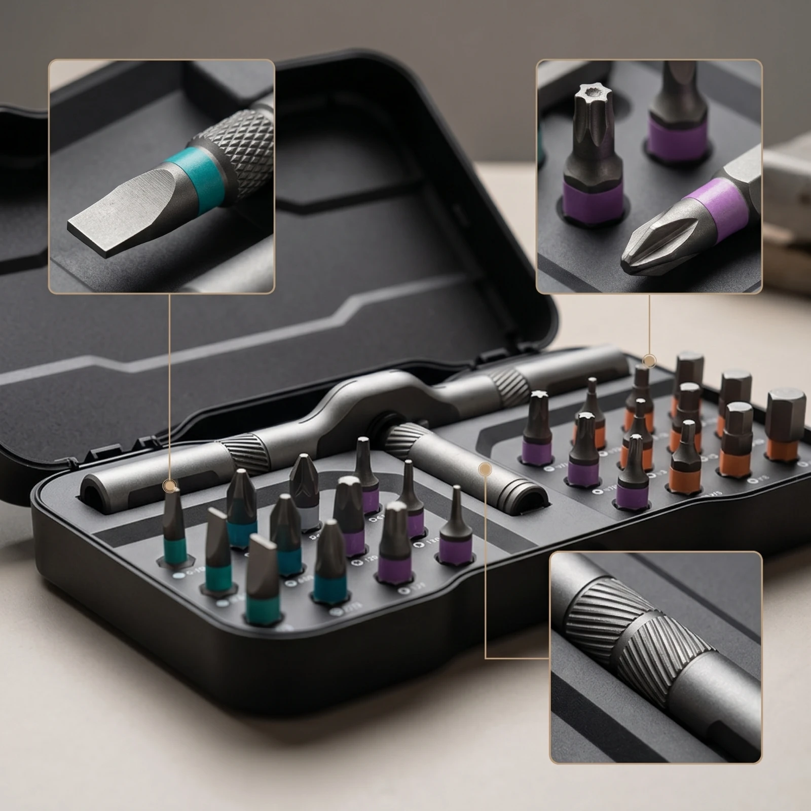 

Molded Slots Secure Latch Multi-Bit Screwdriver Set Ratchet Screwdriver Kit Ratcheting Portable Tool Case