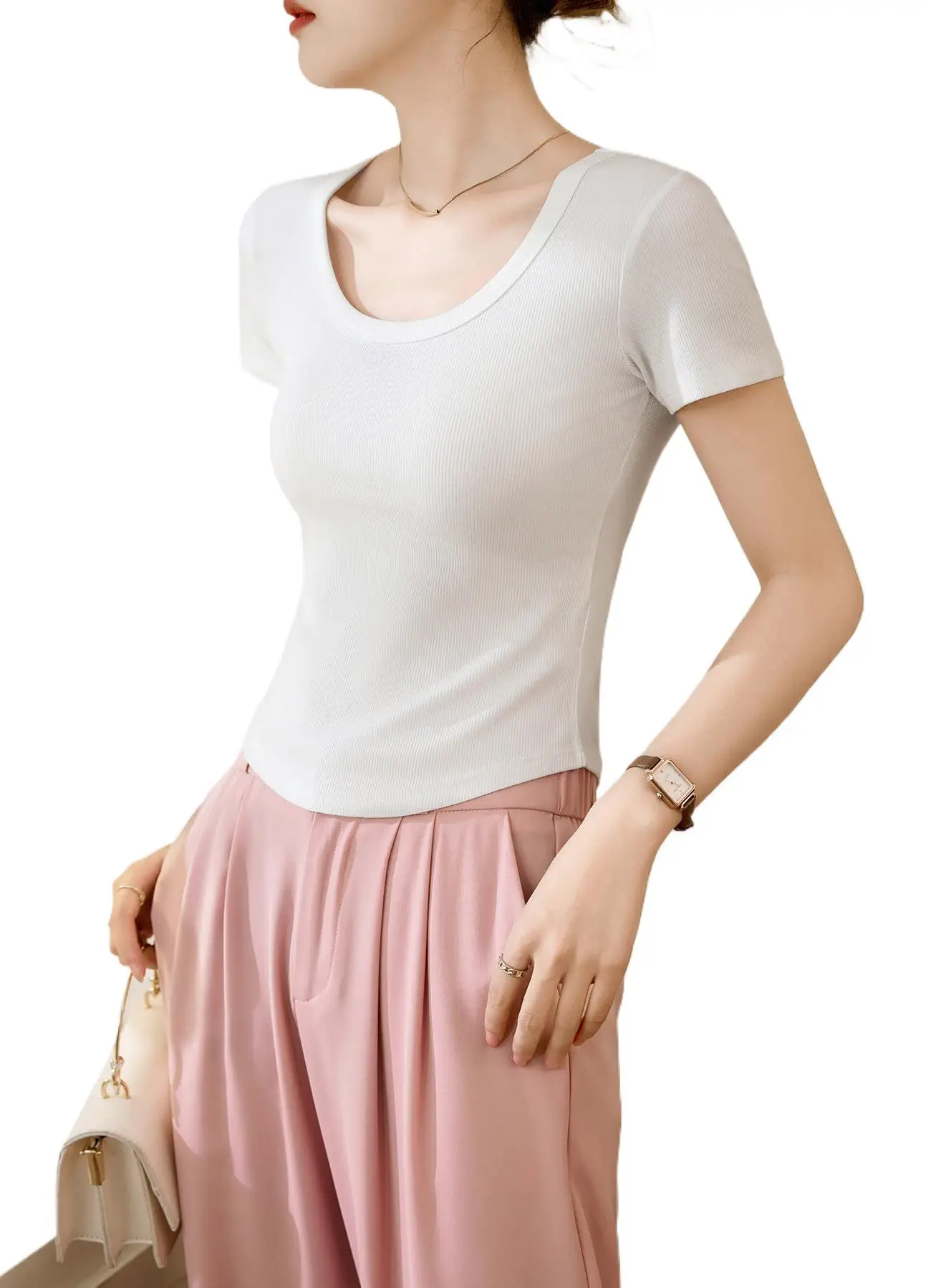 BOWEYLUN الصيف نسخة قصيرة تي شيرتات قصيرة الاكمام المرأة تمتد الخيوط القطن منحني هيم عادية الجولة الرقبة القمم الإناث