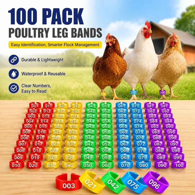 

100Pcs Numbered Poultry Leg Rings 001-100 Chicken Identification Bands Clip-on Bird Rings for Pigeons Farm Management Tool Kit