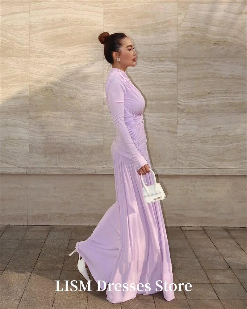 

LISM Pink Modest Long Evening Dresses Pleated Full Sleeves Dubai Prom Dresses Floor Length Saudi Arabric Formal Prom Gowns