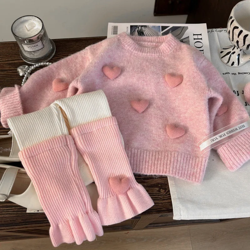 2025 Autumn Winter Cute Girl Children Kid Clothes Warm Pink Heart Knitt Sweater Jumper Pile Sock Leggings 2Piece Set 3-10 Years
