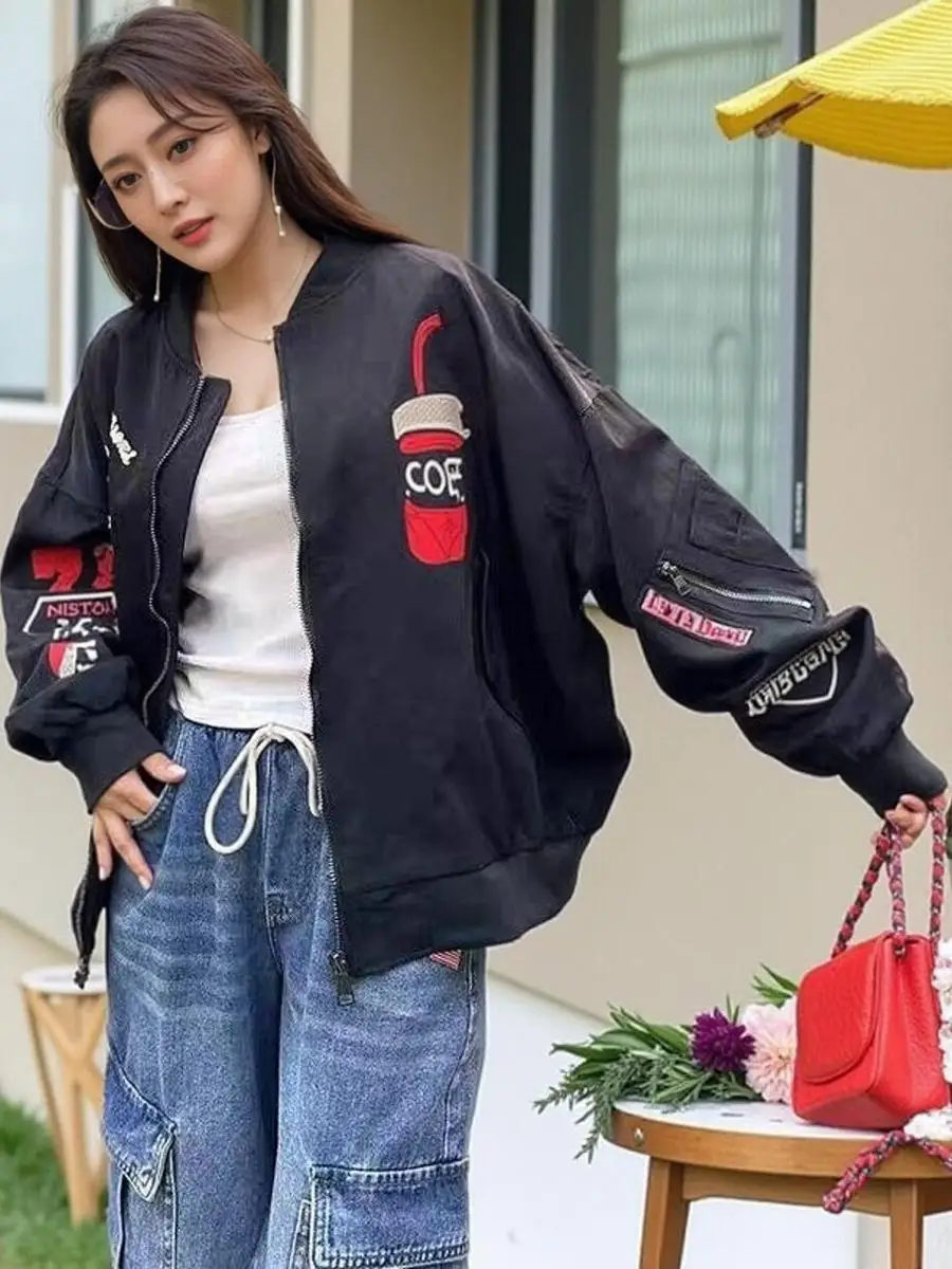

Heavy Embroidery Baseball Jacket Loose Fit Pilot Style Fashionable Spring Autumn New Arrival Hip Hop Outerwear Women's Coat