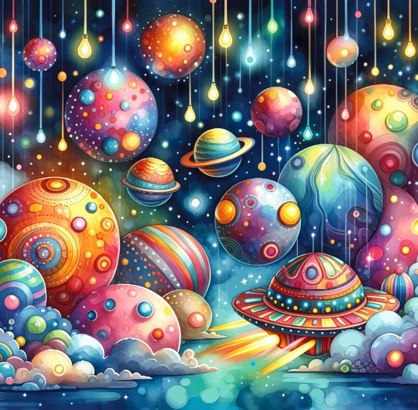 DIY 5D Diamond Painting, Whimsical Colorful Space Planets And UFO With Glowing Bulbs for Home Wall Decor, Gift for Art Lovers