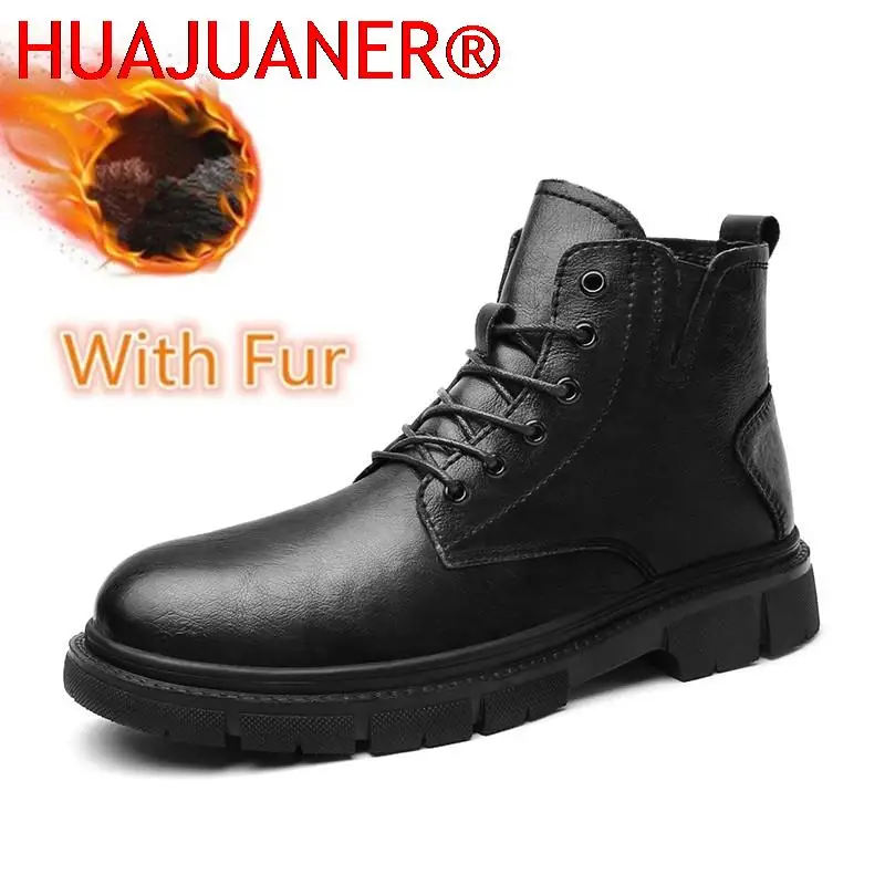 

Retro Winter Men Boots With Fur Lace Up Leather Boots Men Youth Casual Outdoor Shoes Men Wear-Resistant Motorcycle Men's Boots