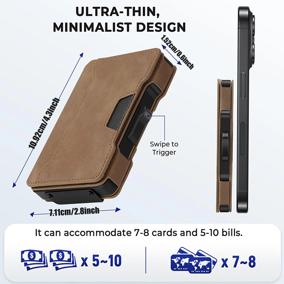 Minimalist Slim Men's Wallet with Money Clip RFID Blocking Smart Pop up Card Holder Metal Credit Card Holder