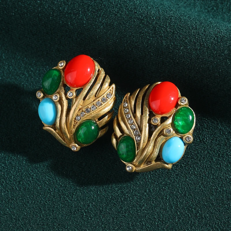 

Vintage Tri Color Red Blue Green Studs Earrings For Woman Plant Natural Stone Floral 2025 Trend Luxury Designer Accessories