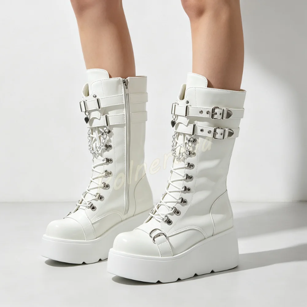 Platform Mid Calf Boots Women Gothic Punk Chain Buckle Strap Wedge High Heel Boots Side Zipper Winter Street Fashion Shoes