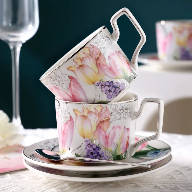 

Creative Home French Tulip Afternoon Tea Ceramic Tea Set, Luxurious Coffee Mugs Tableware Coffe Cups and Saucers Sets Give Gifts