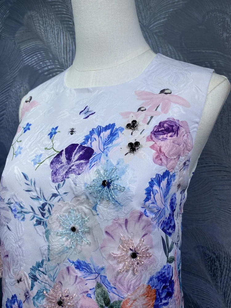 DLDENGHAN damska O-Neck bez rękawów diamenty frezowanie kwiaty drukuj kamizelka w stylu vintage sukienka moda wiosna nowość