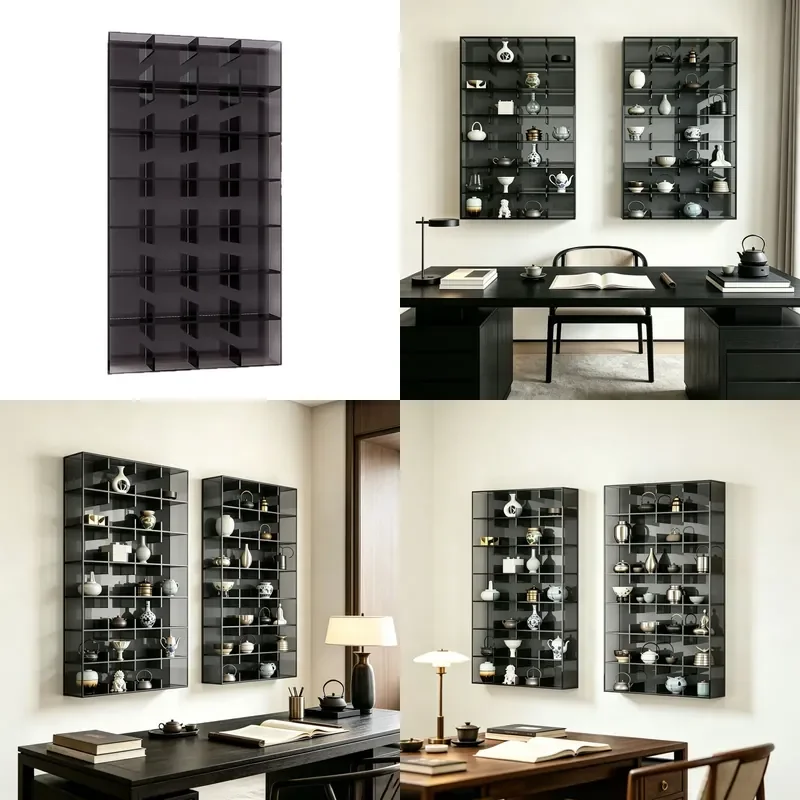 Wall Mounted Acrylic Display Shelf Multi Grid Chinese Style Storage Rack for Tea Sets Home Decor Cabinet