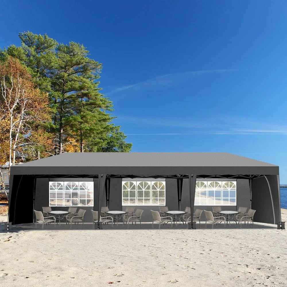 

10'x 30' Canopy Gazebo Easy Pop Up Waterproof Tent With 8 Pack Sandbag & Wheels