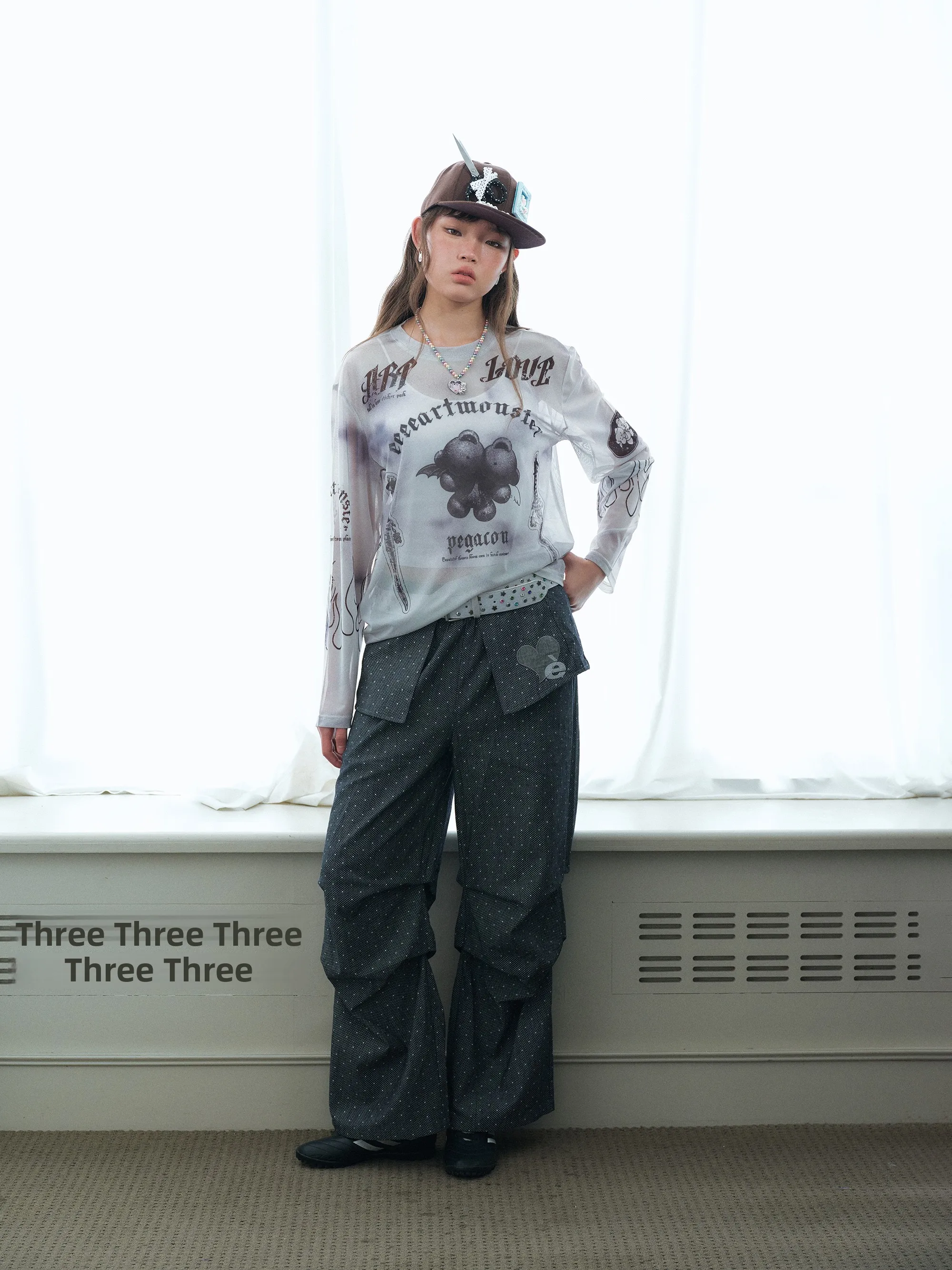 Punk Style Worn-Turned Hollow out Long Sleeve T-Shirt Gothic Wind Double Blade Evil Bear Design Printed Long Coat for Autumn