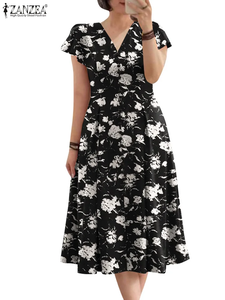 ZANZEA Summer OL Work Ruffle Sleeve Women Midi Dress Casual Floral Print A-line Vestidos V Neck Waist Party Sundress Oversized