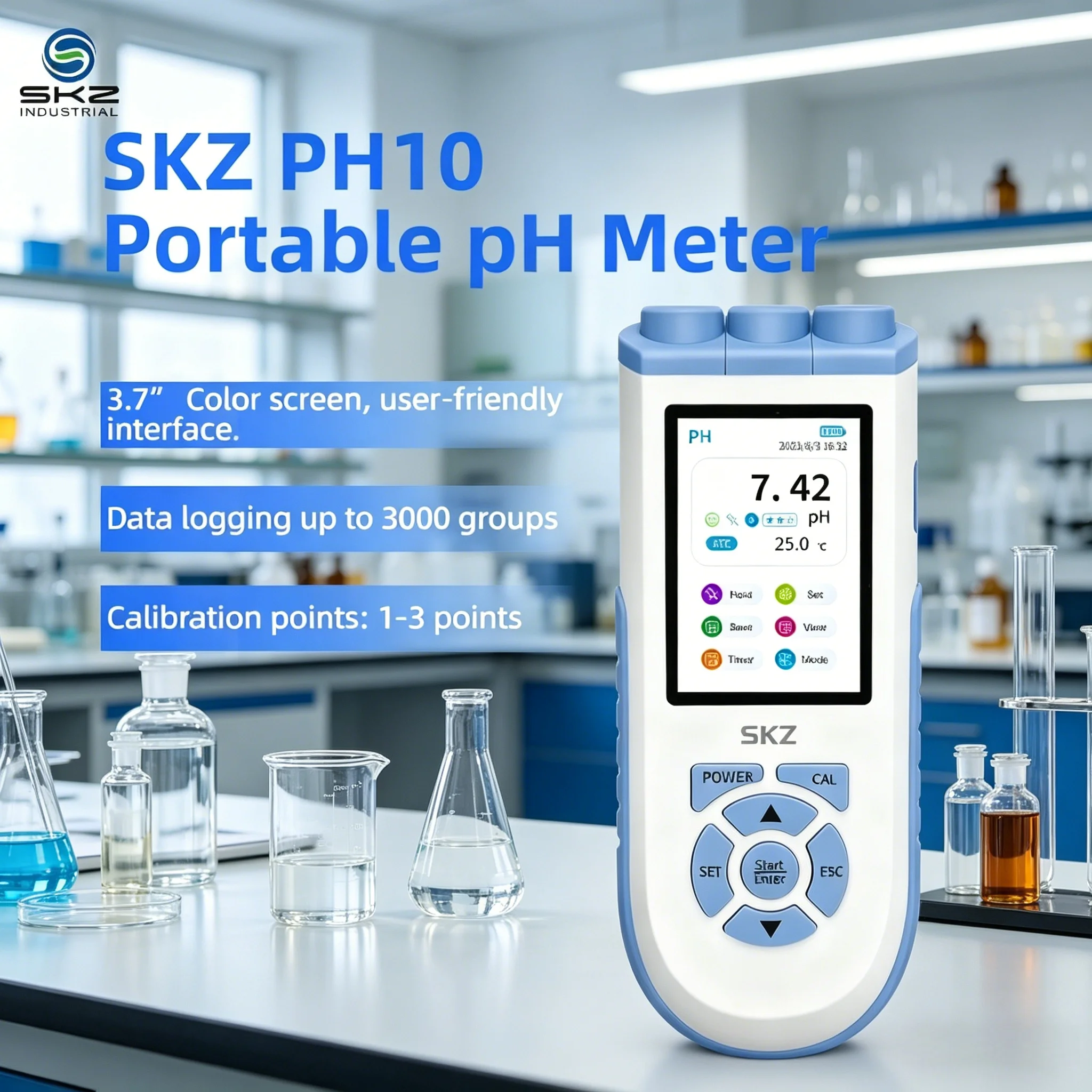 Medidor de pH Electrónico de Mesa SKZ-PH10 con Pantalla de 3.7 Pulgadas ±0.002pH para Medición Profesional de Calidad del Agua en Laboratorio