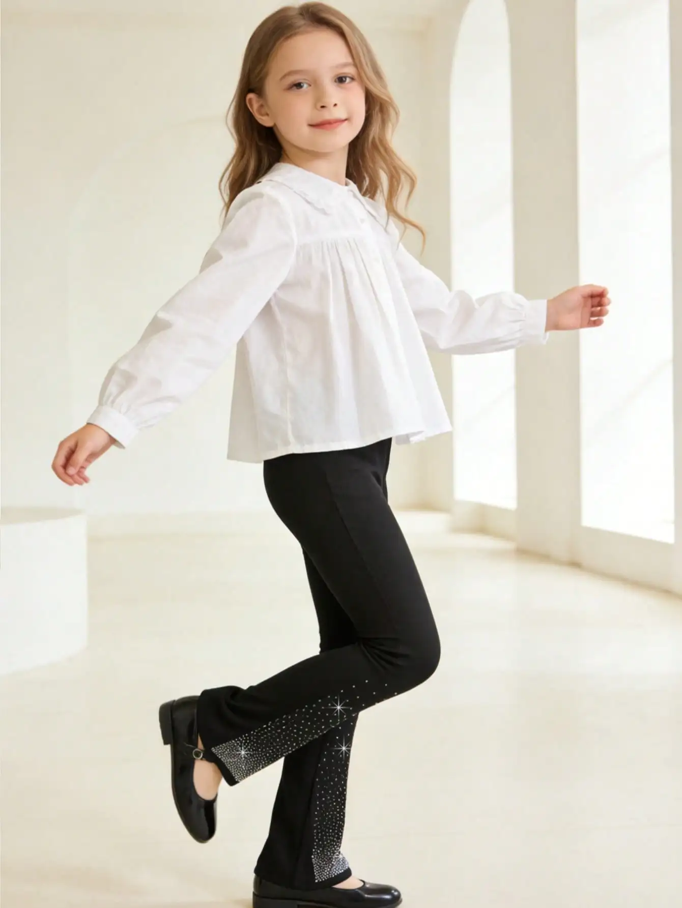 1/3-teilige Mädchen-Hose mit glitzernden Strass-Details, 2–11 Jahre, elastische Taille, Schlaghose, Polyester, Spandex, lässige lange Hose – Detail 9